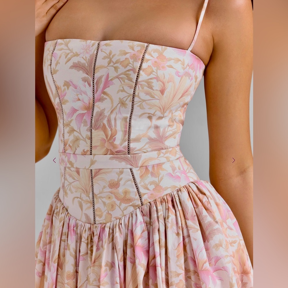House of CB Peach Floral Print Stretch Cotton Midi Sundress- L Retail Price $269